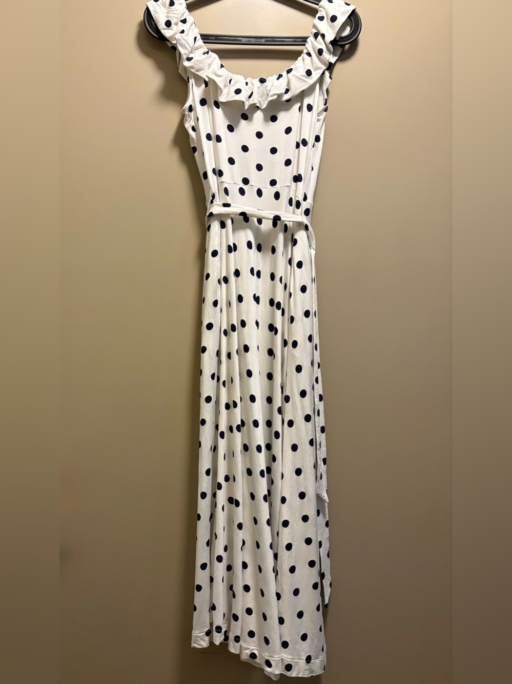 Boden Polka Dot Ruffle Maxi Dress White Navy - Size 4 - Picture 3 of 6